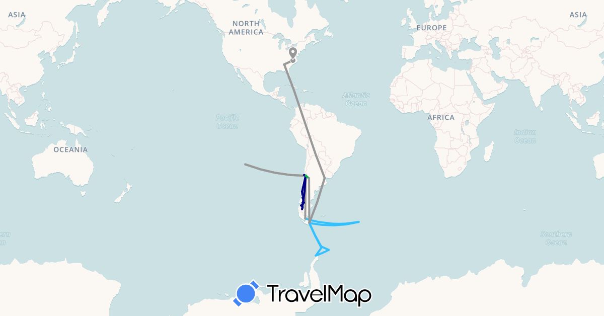 TravelMap itinerary: driving, bus, plane, boat in Argentina, Chile, South Georgia and the South Sandwich Islands, United States (Antarctica, North America, South America)