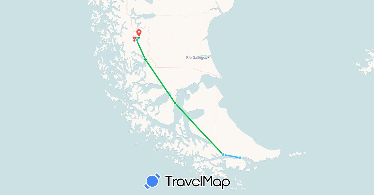 TravelMap itinerary: driving, bus, hiking, boat in Argentina, Chile (South America)